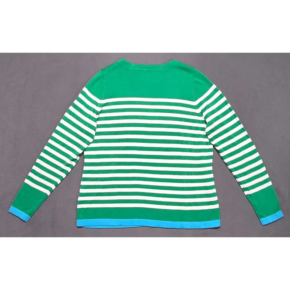 Belle by Kim Gravel Sweater Women’s M Green White Blue Stripes Knit Lightweight
